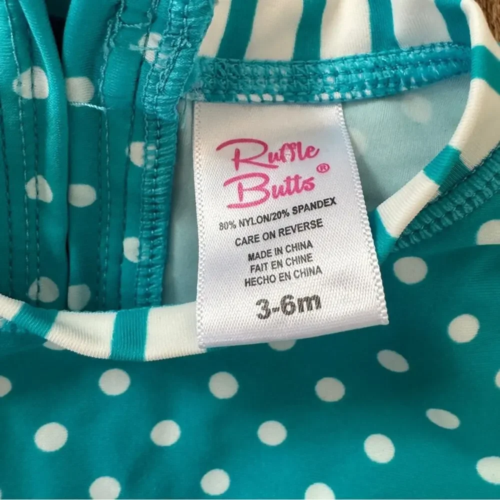 Ruffle Butts Aqua Polka Dot Long Sleeve Rash Guard Size 3-6 M